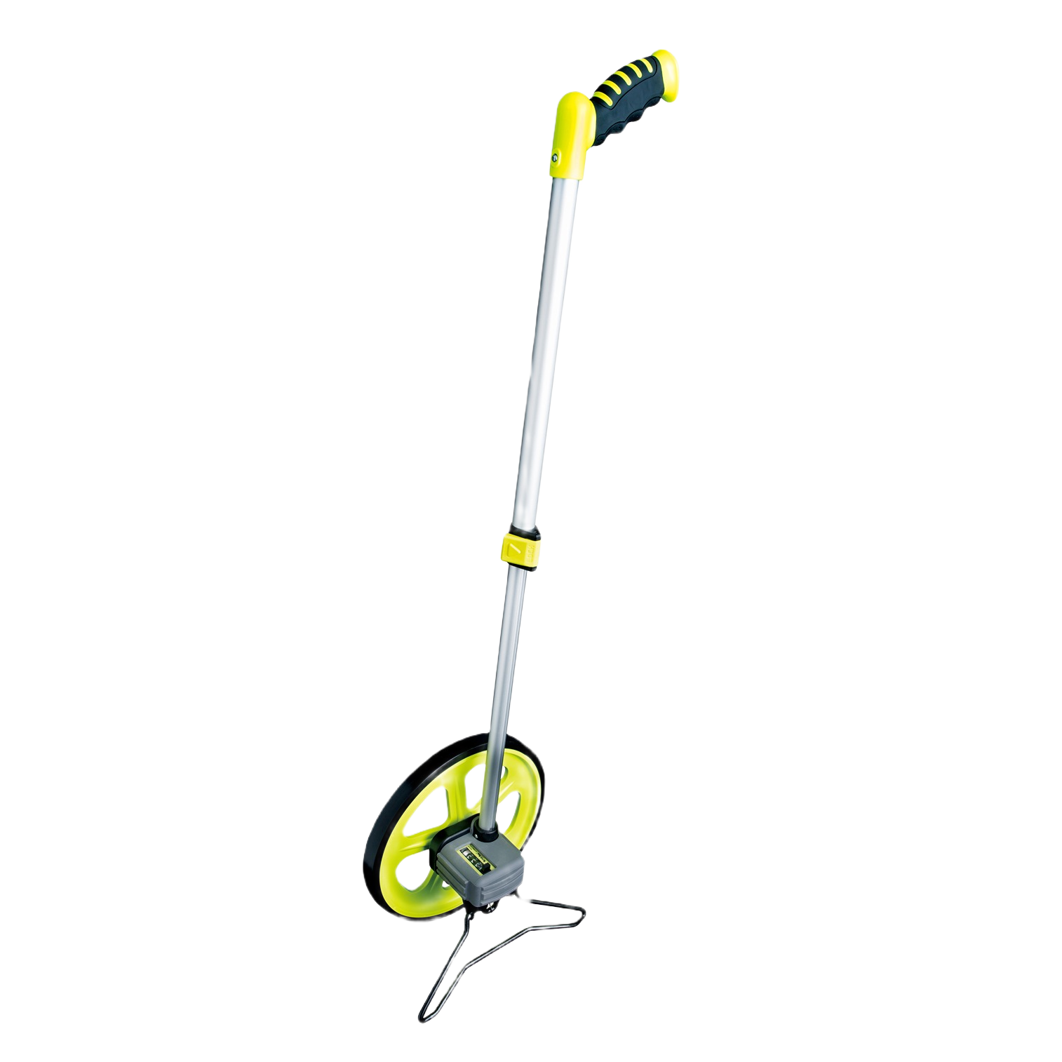 Measuring wheel with yellow and black ergonomic handle, aluminum shaft, and gear-driven counter, designed for precise distance measuring in rental hand tools at Hartville Hardware.
