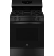 Black free-standing gas range with digital control panel and five burner cooktop from Ranges & Cooktops collection