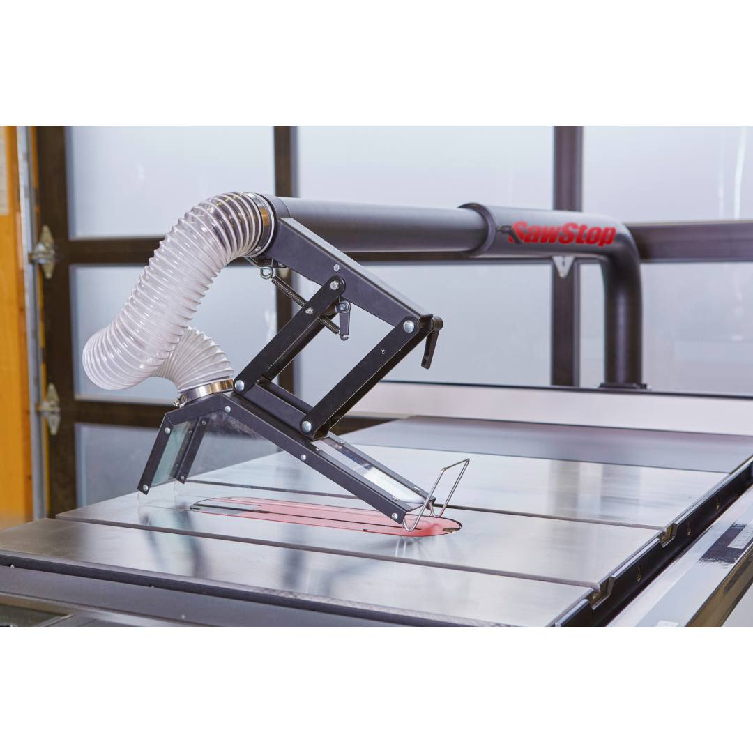 Heavy-duty overarm dust collection guard with clear cover and flexible hose for saw accessories and home improvement tools