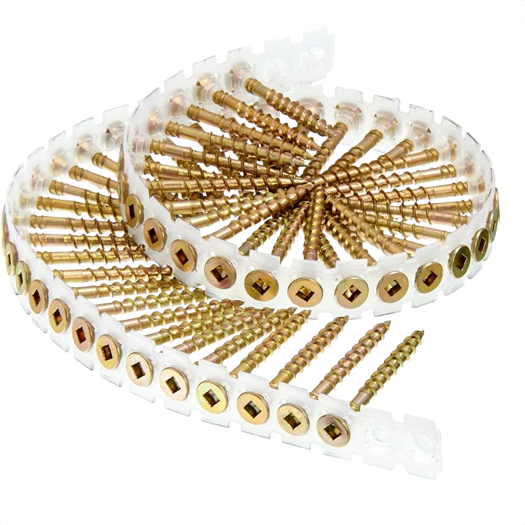 Coiled strip of golden 8-gauge screws designed for subfloor installation in tools and home improvement projects