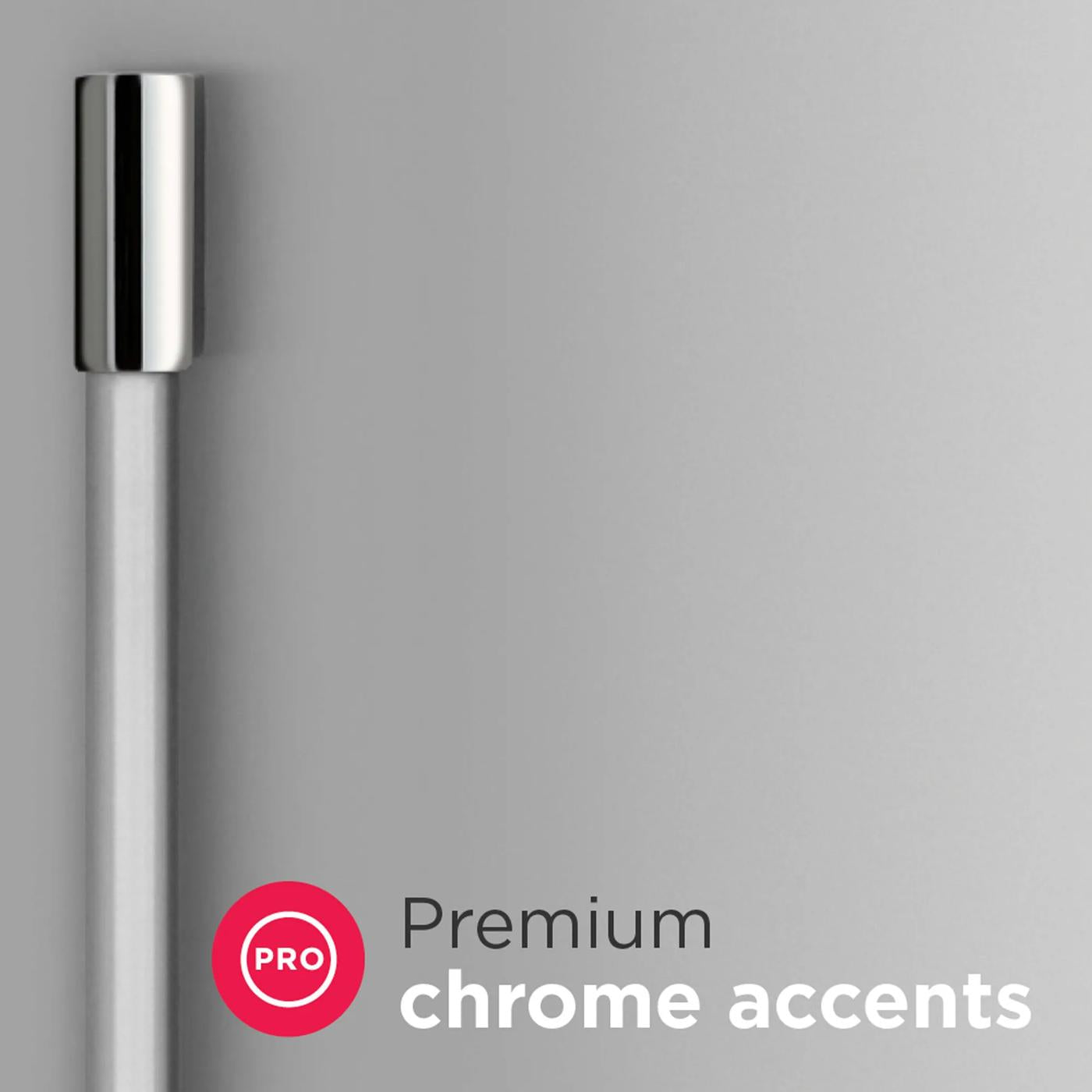 Close-up of premium chrome handle accent on stainless steel appliance in kitchen and home improvement collection