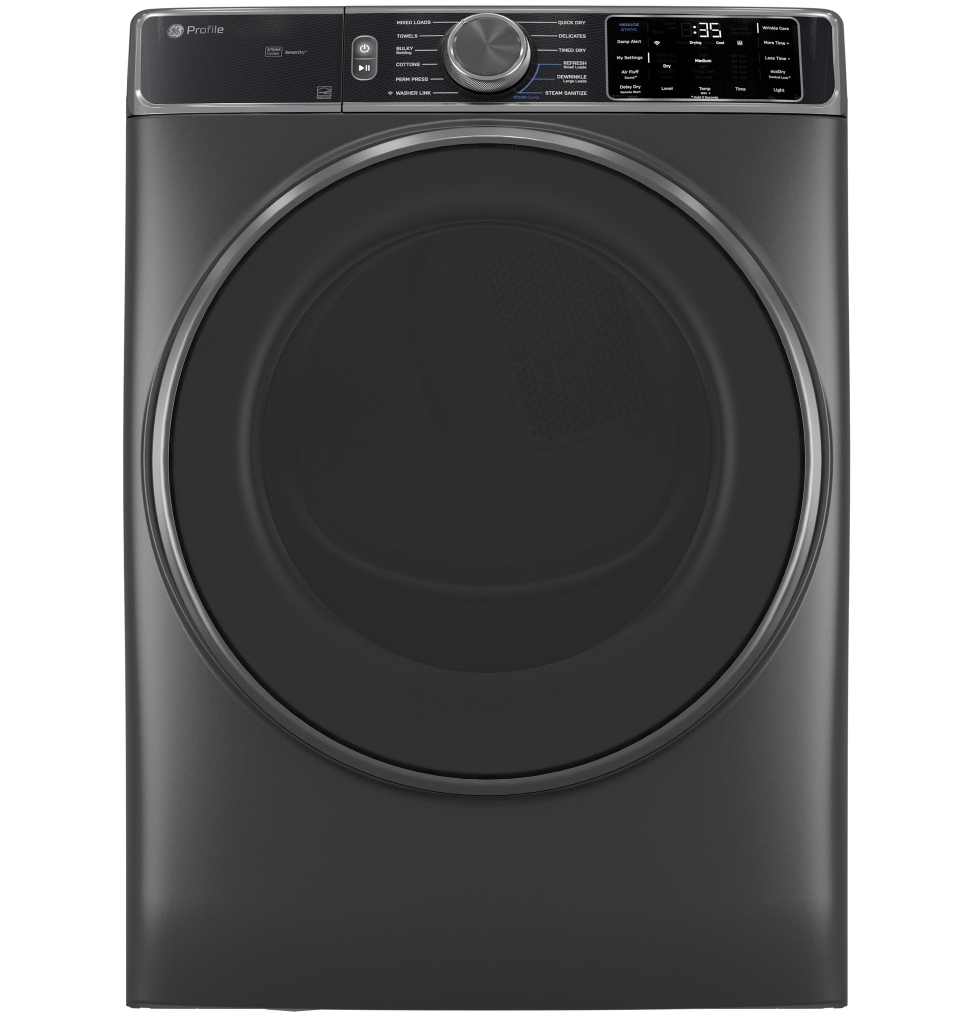Smart front load electric dryer in dark finish with digital controls and cycle options in dryers and appliances collection