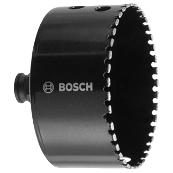 Black diamond-tipped hole saw with Bosch branding, designed for precision cutting in home improvement projects
