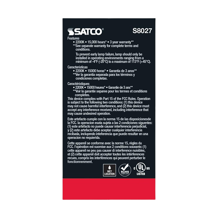 Satco LED string light bulb label showing features, warranty, FCC compliance, and safety icons for outdoor lighting collections