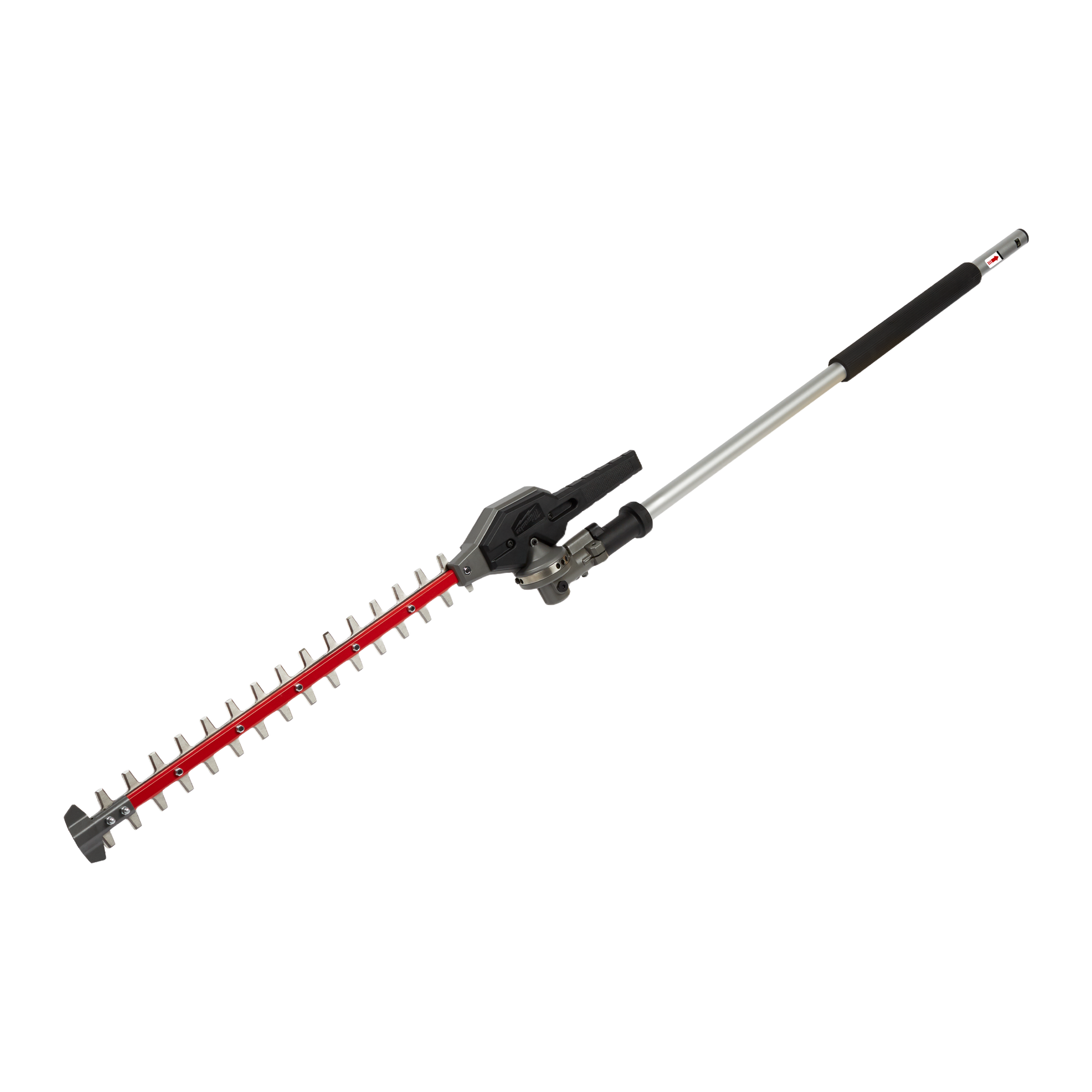 Articulating hedge trimmer attachment with red blade and ergonomic grip for tools and home improvement tasks