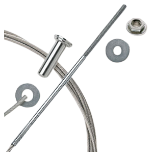 Metal cable railing components including 1/8 inch cable, fittings, nuts, and washers for wood post deck accessories.