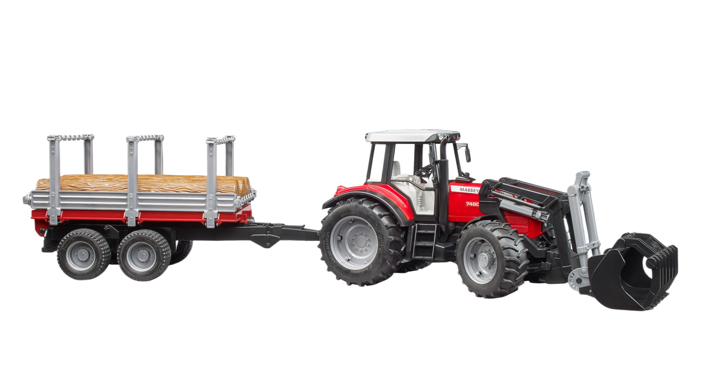 Red and gray Bruder toy tractor with front loader and trailer loaded with logs for Vehicles & Remote Controlled Toys collection
