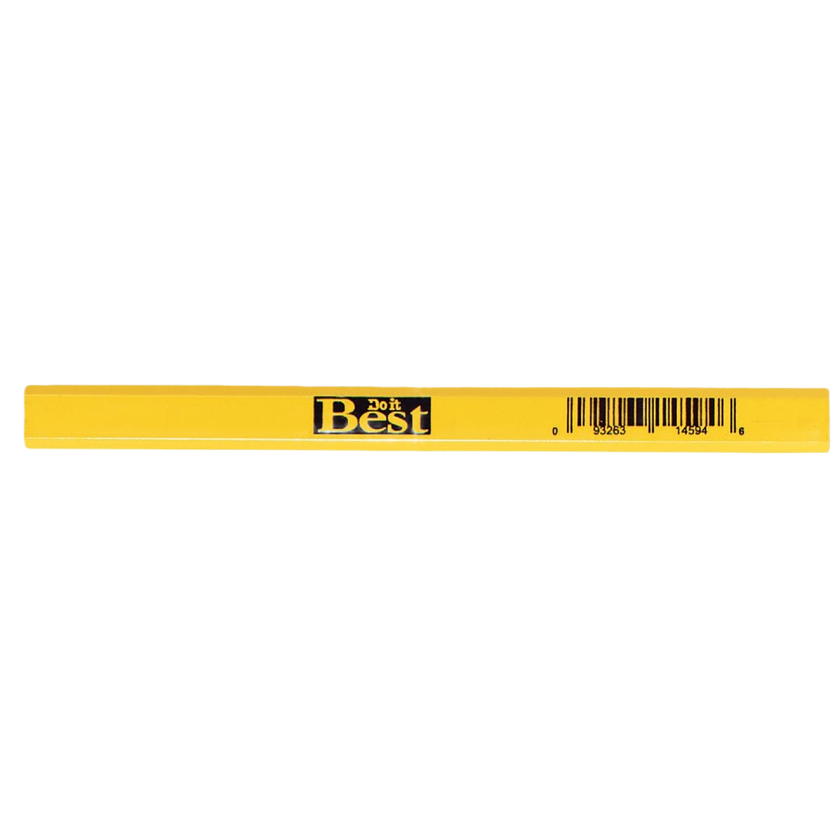 Yellow soft carpenter pencil with black branding and barcode for home improvement and tools use