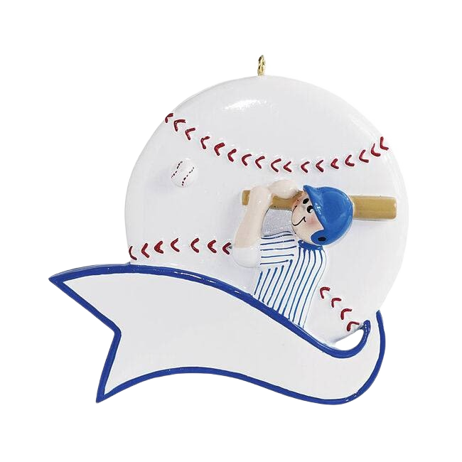 Boy figurine in blue helmet swinging bat in front of large baseball for Christmas Ornaments & Tree Decorations collection