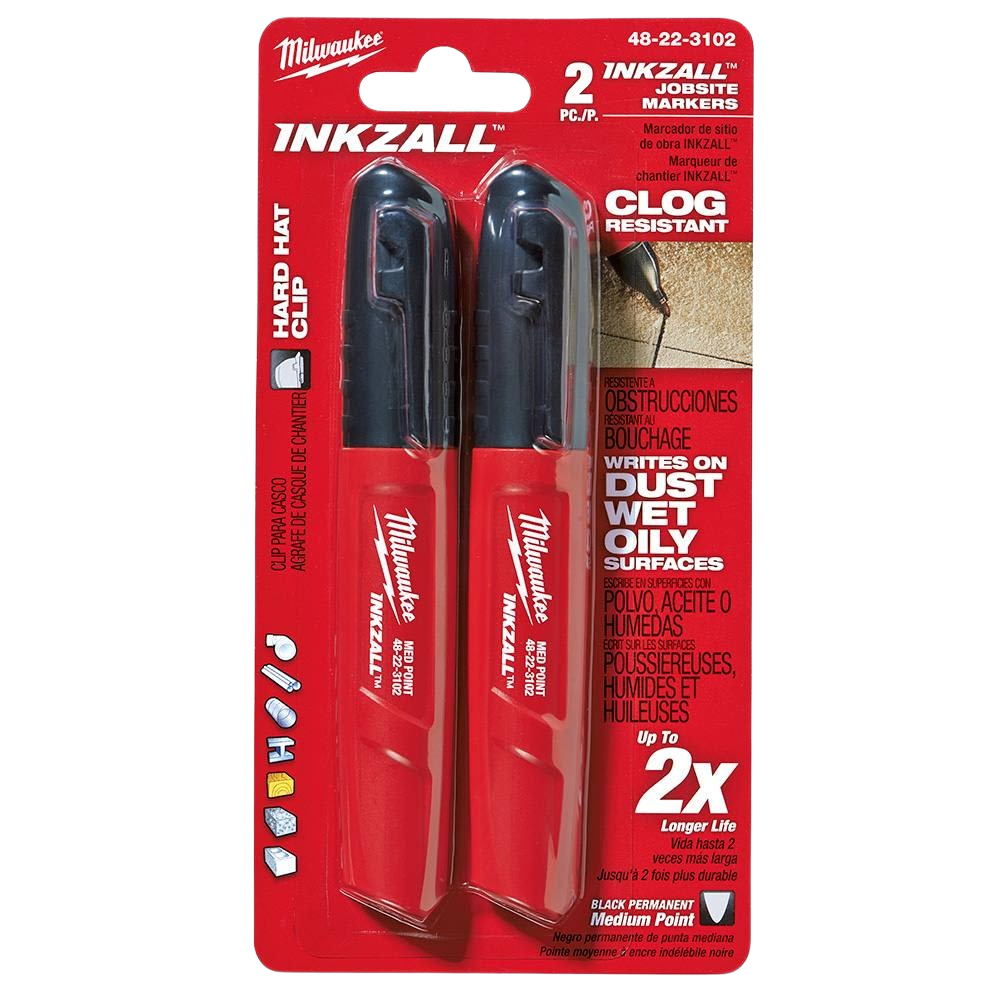 Two-pack of red Milwaukee INKZALL medium-point markers with clog-resistant tips for rough jobsite surfaces under $50