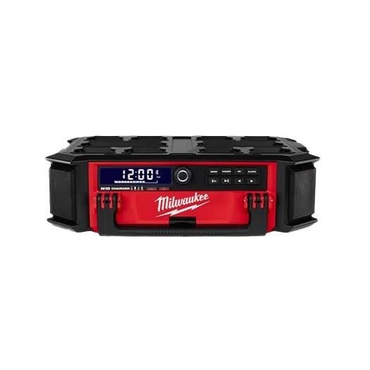 Compact red and black portable radio and charger unit designed for tools and home improvement use
