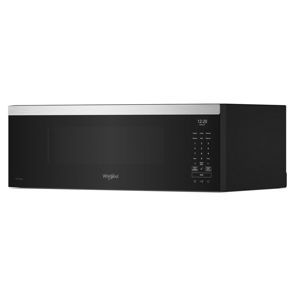 Black smart low profile microwave hood with stainless steel trim and digital control panel from kitchenware appliances collection