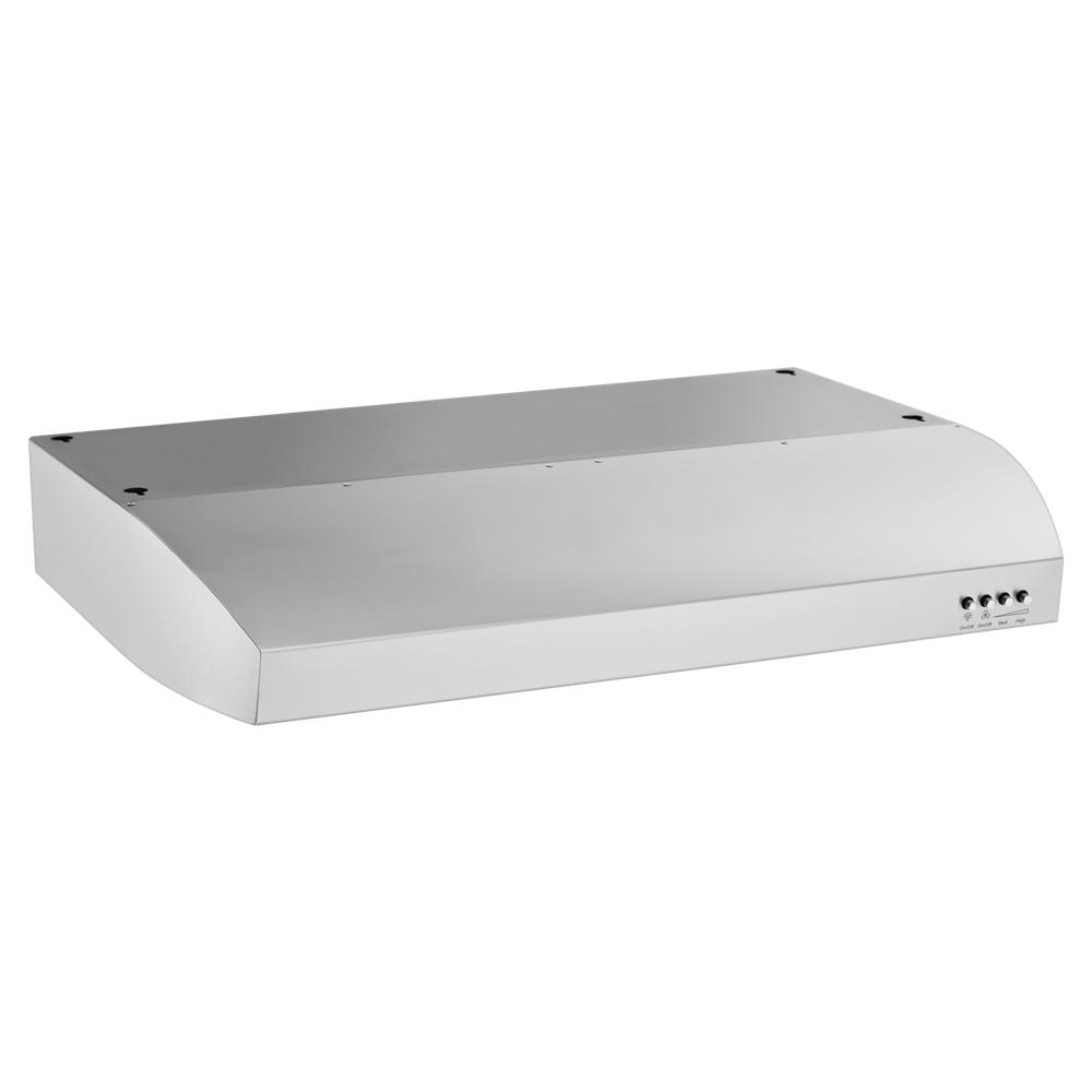 Under-cabinet stainless steel vented hood with push-button controls and 300-CFM airflow for home improvement tasks
