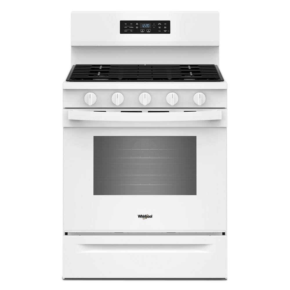 white 30-inch gas range with digital control panel and five burner knobs for kitchen appliances and home improvement