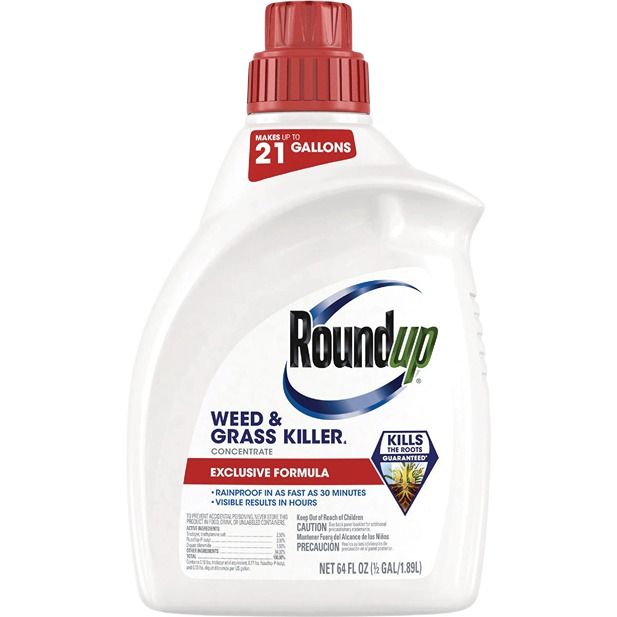 White and red bottle of Roundup concentrate weed and grass killer for lawn care and garden use