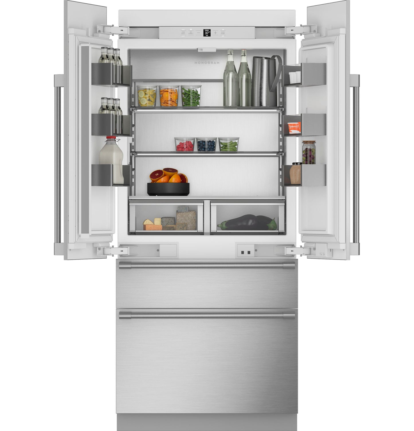 Open stainless steel premium integrated French-door refrigerator with organized shelves and fresh food storage from kitchen appliances collection