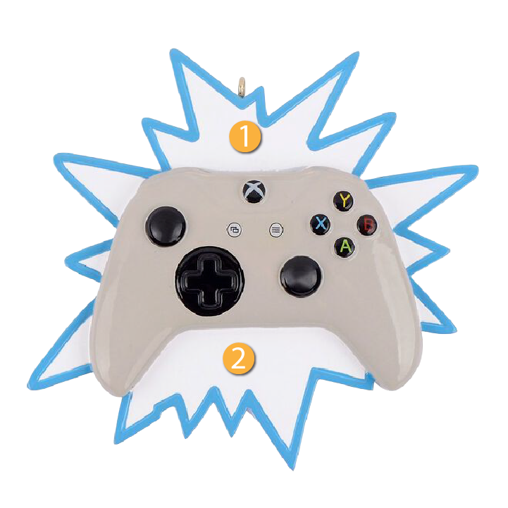 Gray gaming controller ornament with colorful buttons on blue and white burst background, Christmas tree décor under $50