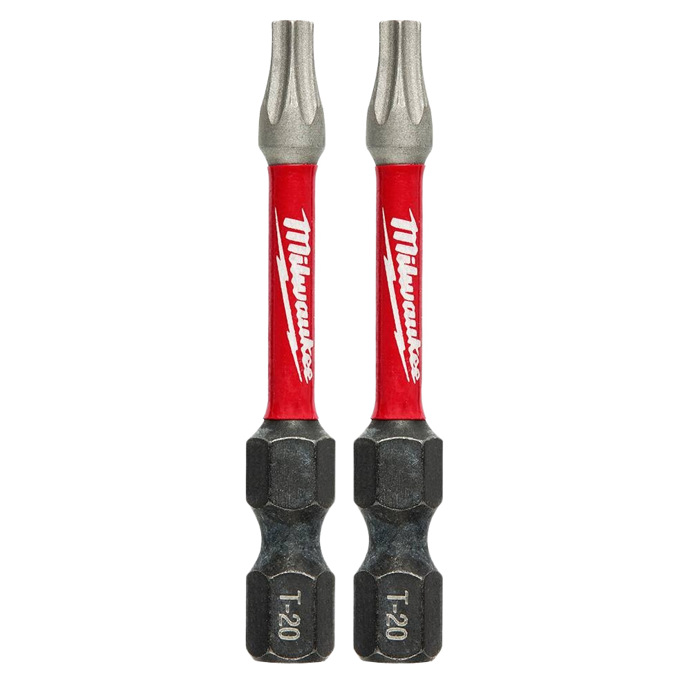 Pair of T20 TORX impact driver bits with red shafts and hex bases for power tool accessories and drill bits collection