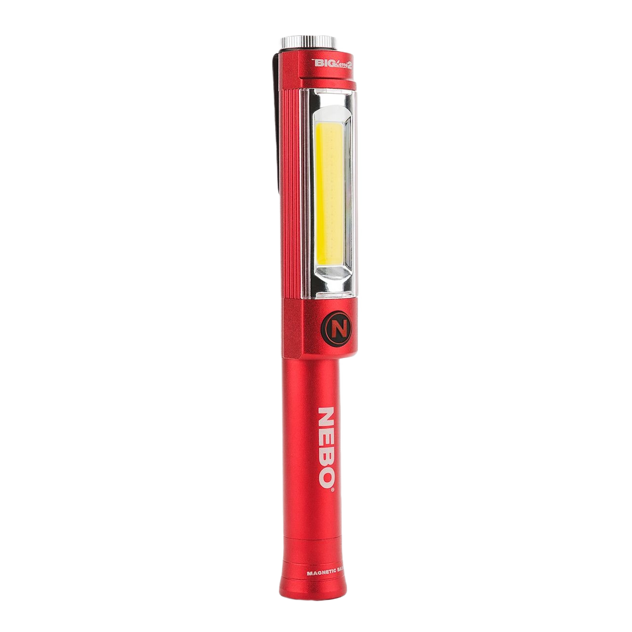 Compact red power work flashlight with magnetic base and LED panel for tools and home improvement tasks