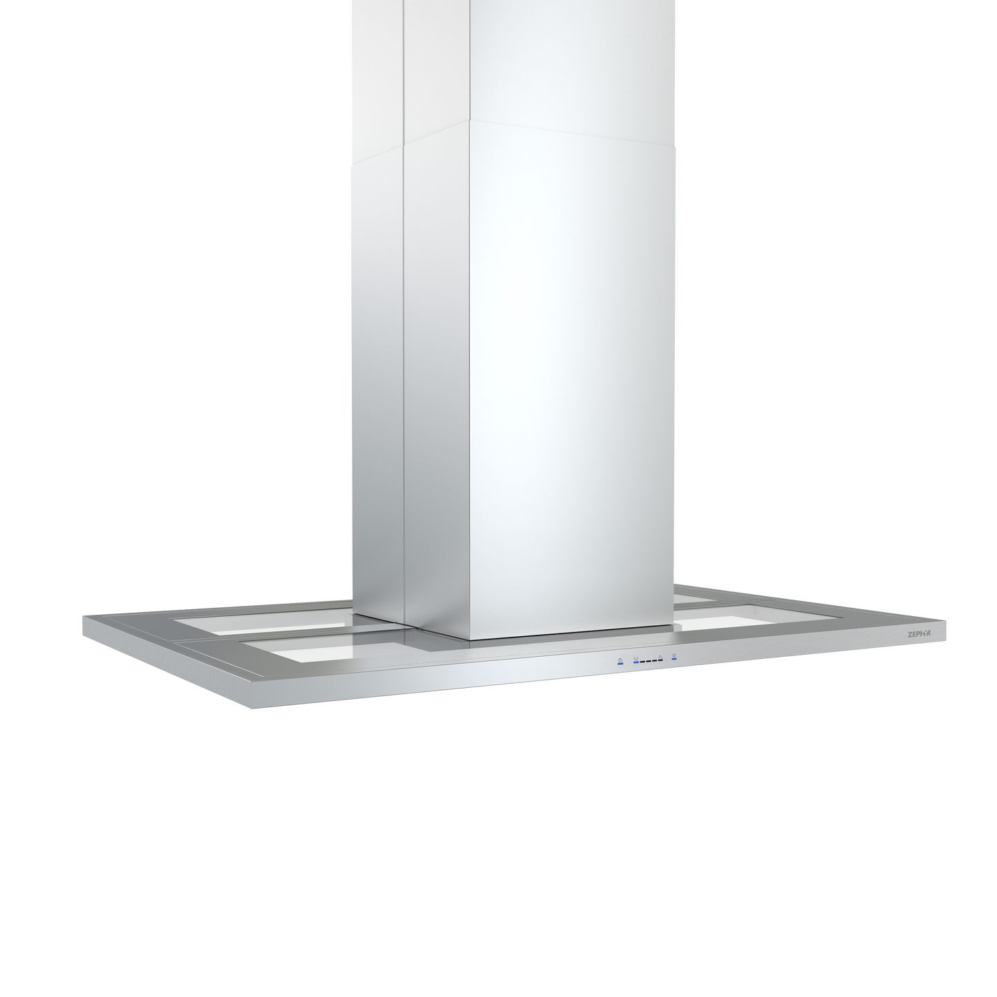 Stainless steel island range hood with glass canopy and LED lights from Over the Range Hoods collection