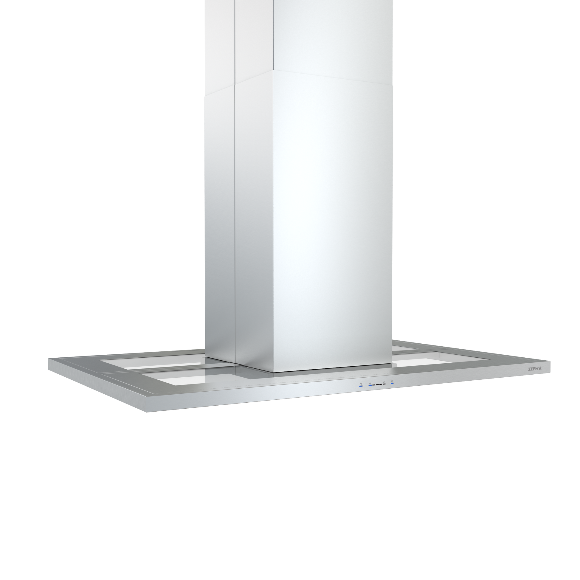 Stainless steel island range hood with glass canopy and LED lights from Over the Range Hoods collection