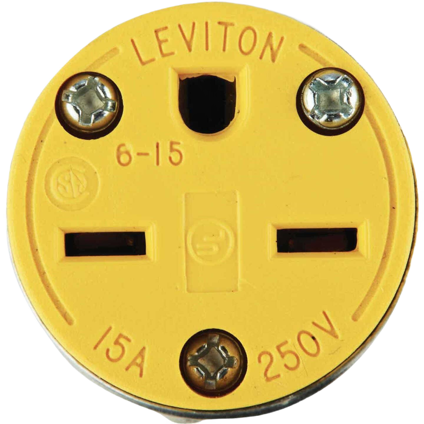 Yellow 15 amp 250 volt grounded electrical cord connector with metal screws for durable commercial and home improvement use