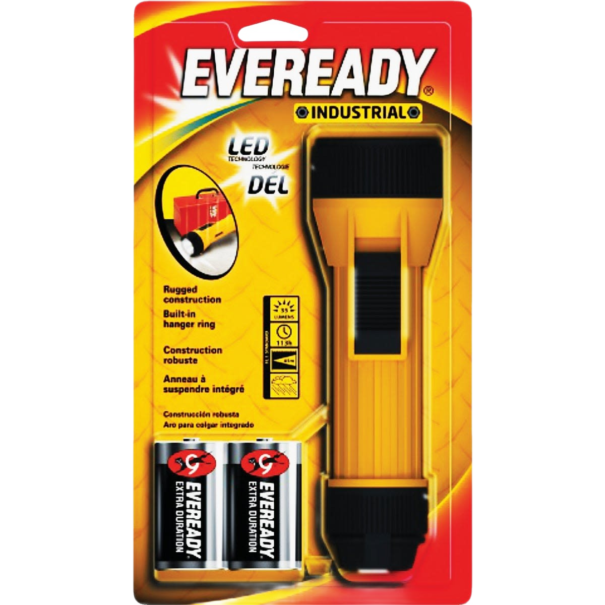 Compact yellow industrial flashlight with built-in hanger and two Eveready extra duration batteries for tools use