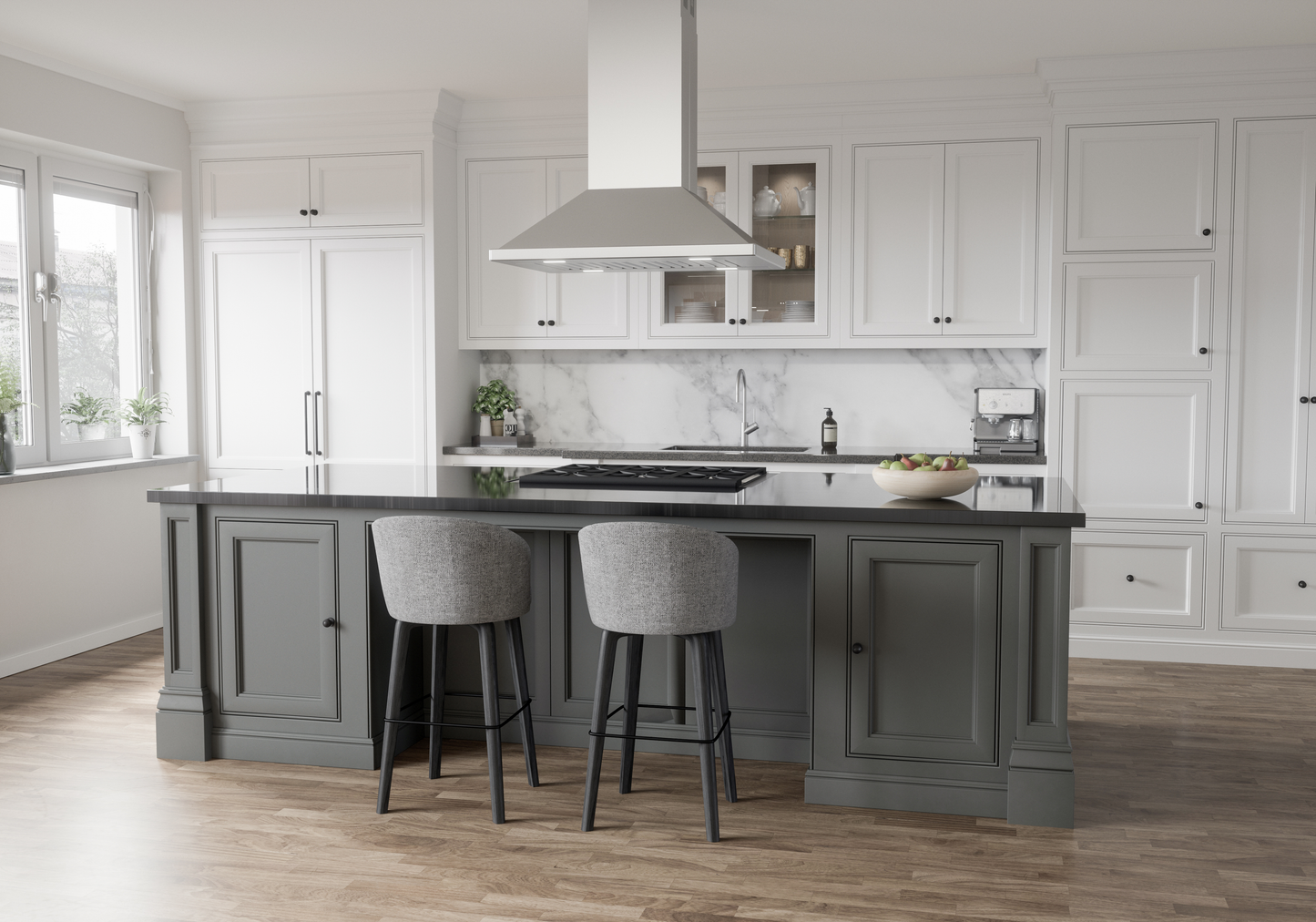 Sleek island range hood with upward-angled design above modern kitchen island in kitchen and appliances collection