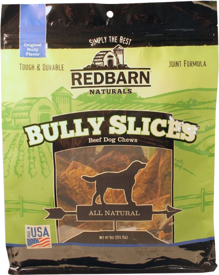 Green and black package of Redbarn natural bully slices beef chews for dogs in pet and animal treats collection