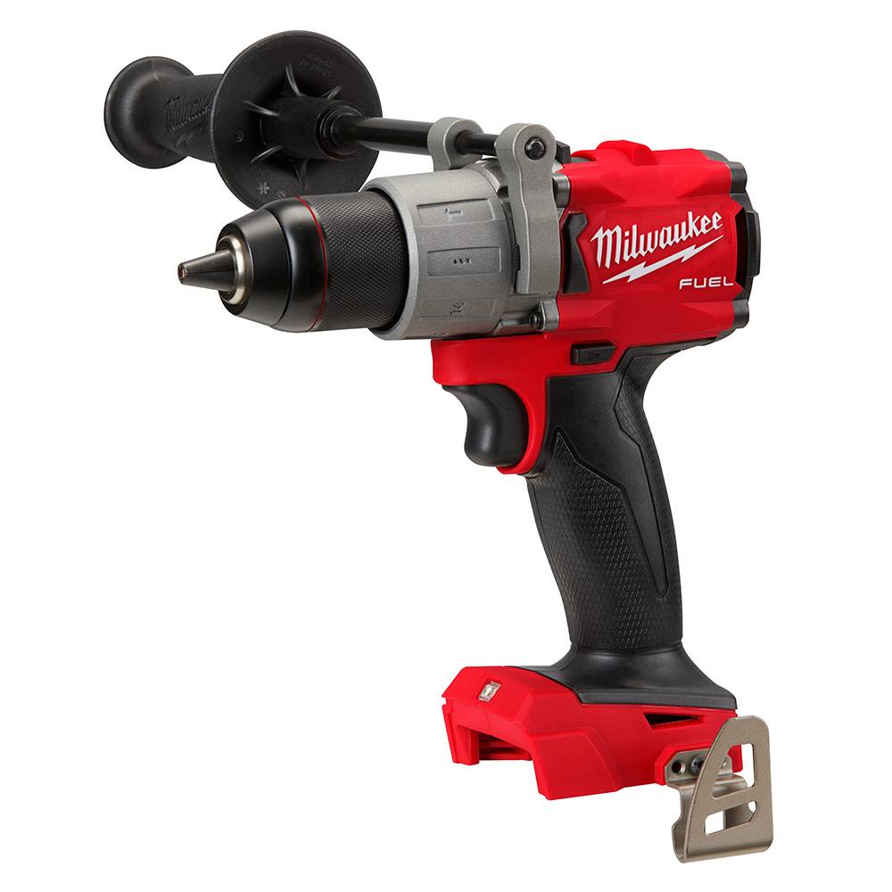 Cordless red and black Milwaukee drill driver with ergonomic handle and side grip for home improvement tasks