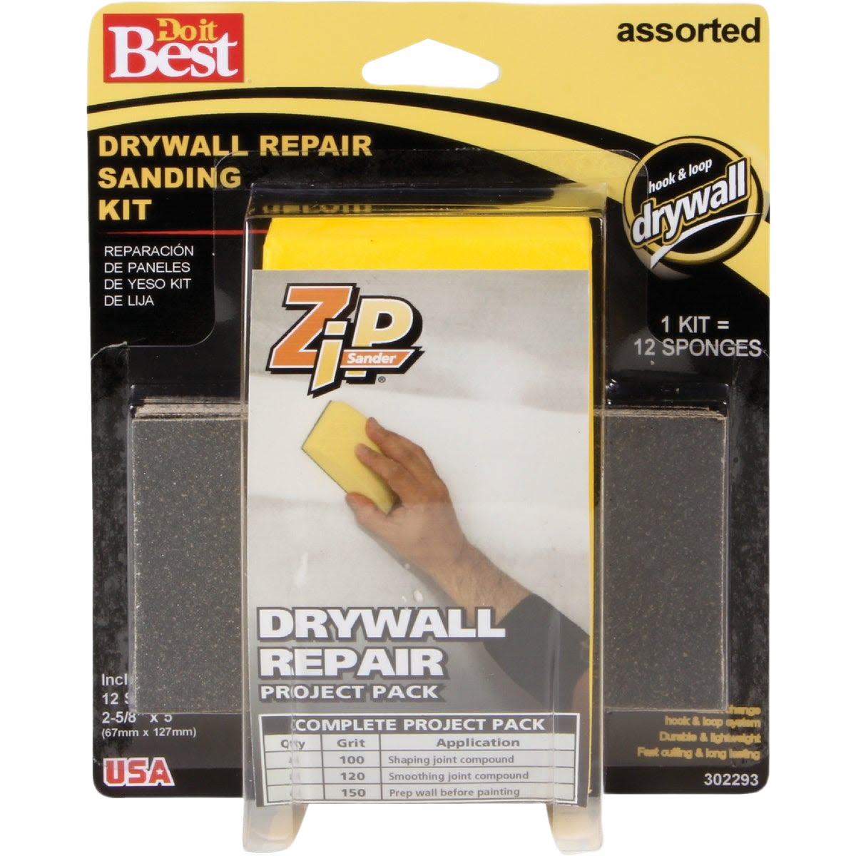 Drywall repair sanding kit with hook and loop sponges for patching and sanding in home improvement projects