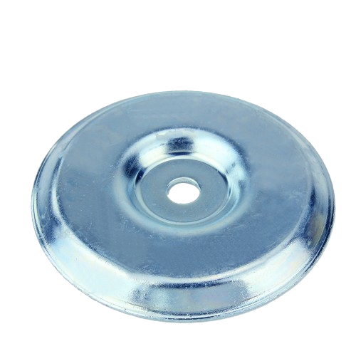 Round metal idler pulley shield with central mounting hole for tools and home improvement projects