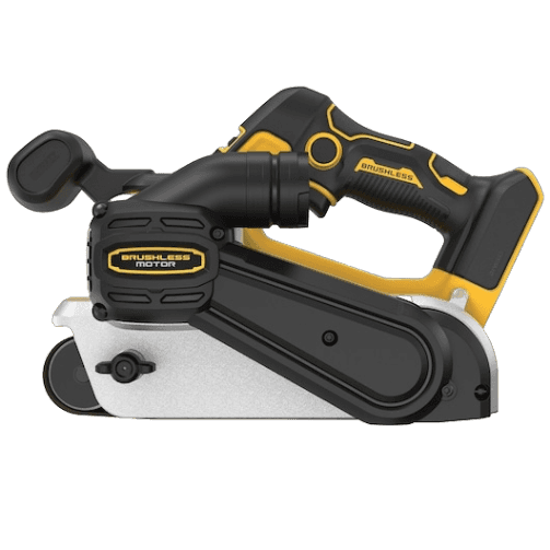 Black and yellow cordless brushless belt sander with ergonomic handle for efficient home improvement and woodworking tasks