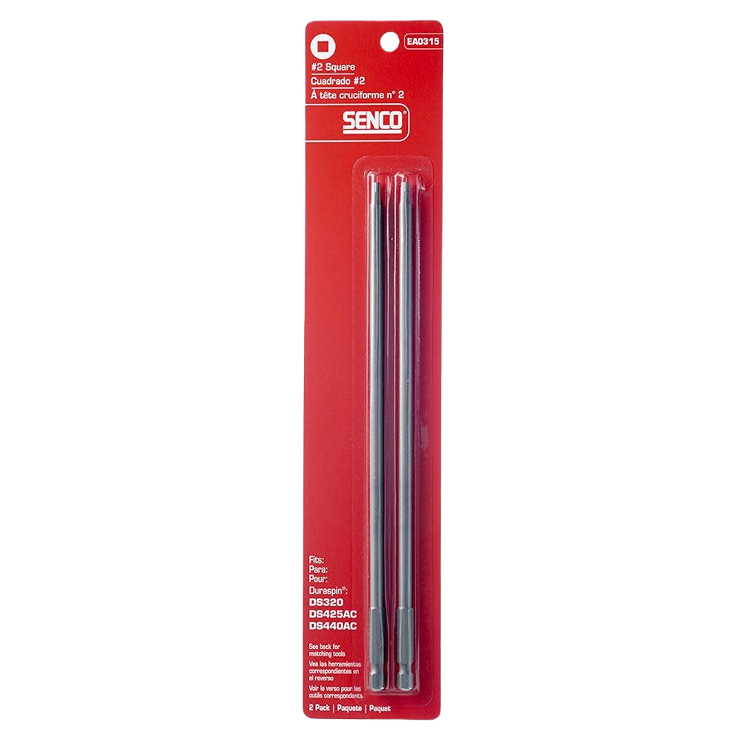 Two long metal square bits packaged in red branded Senco blister pack for home improvement tools