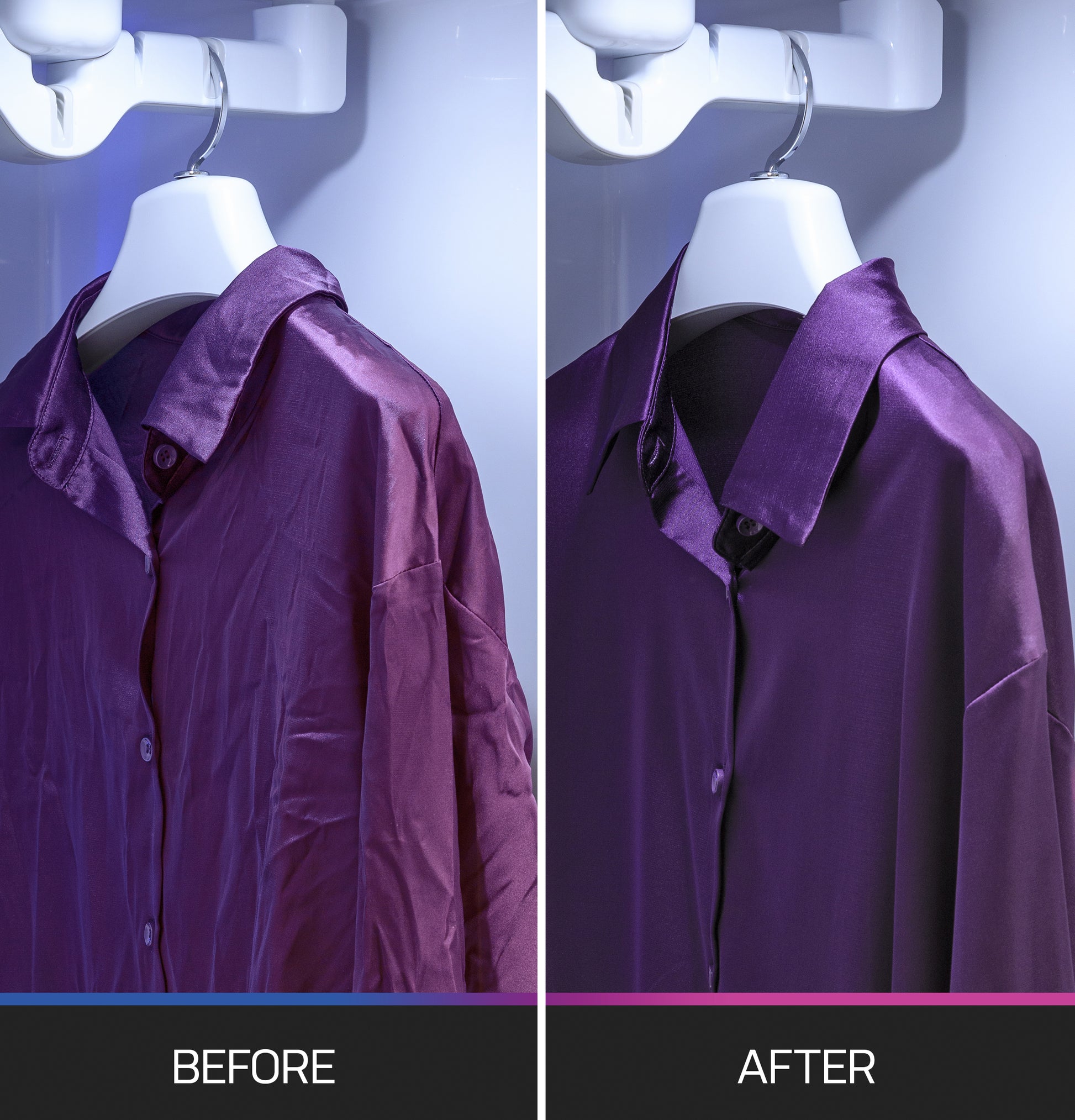 Side-by-side comparison of a wrinkled and a smooth purple shirt hanging on a white closet rod in laundry appliance context