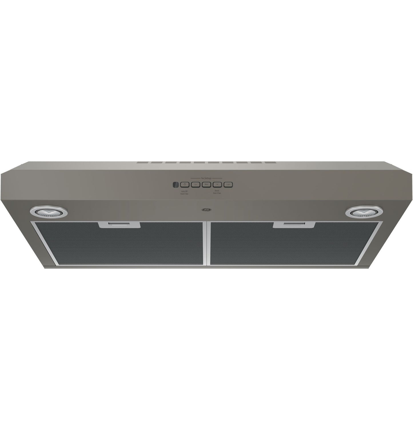 View of a stainless steel under cabinet range hood with dual filters, built-in lighting, and control buttons from kitchen appliances collection