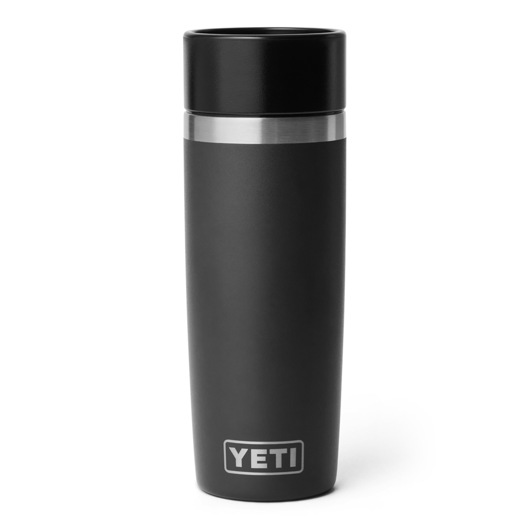 Matte black 16 oz. insulated travel bottle with stainless steel accents for hot and cold beverages in drinkware collection