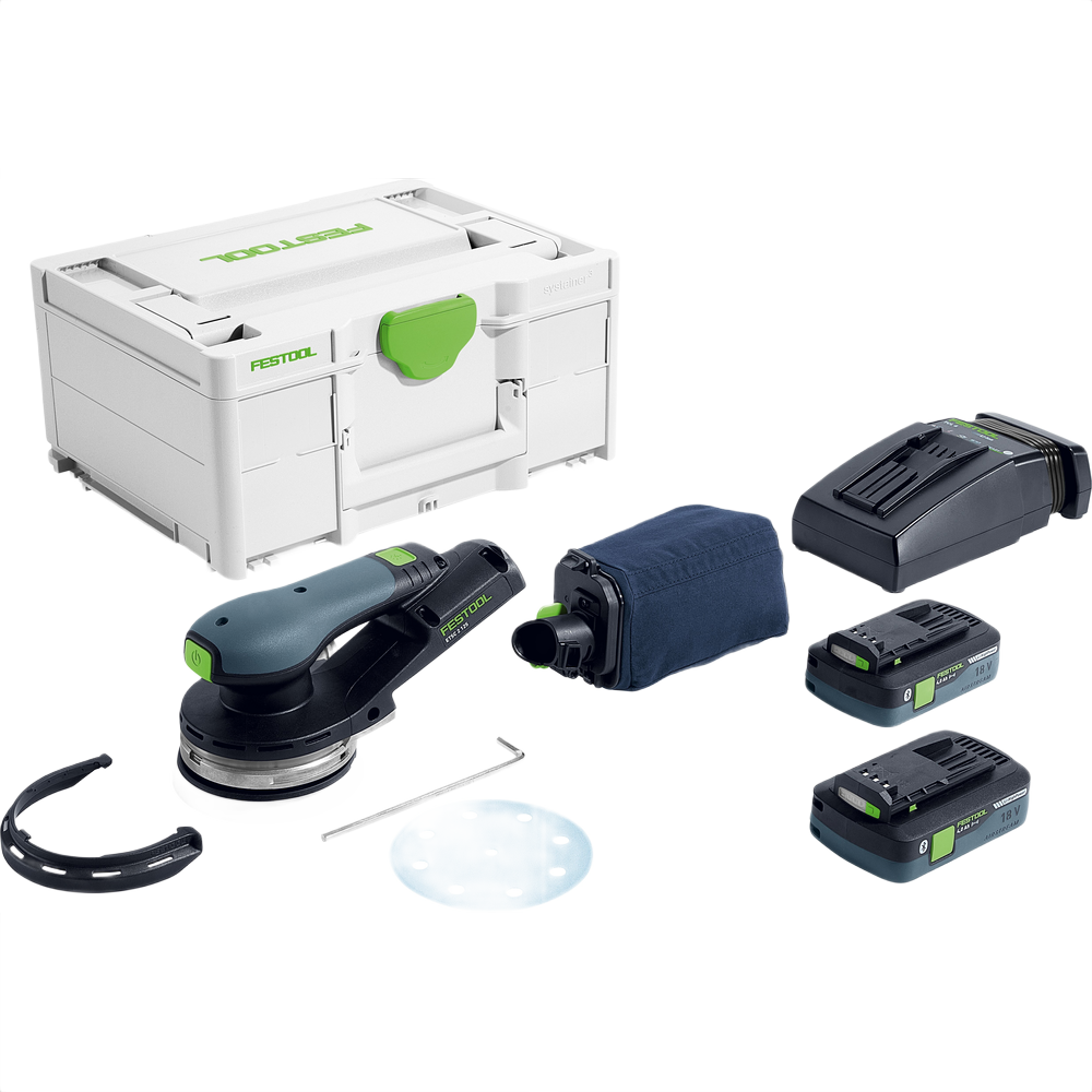 Cordless random orbit sander kit with two batteries, charger, dust bag, sanding discs, and storage case for home improvement tasks