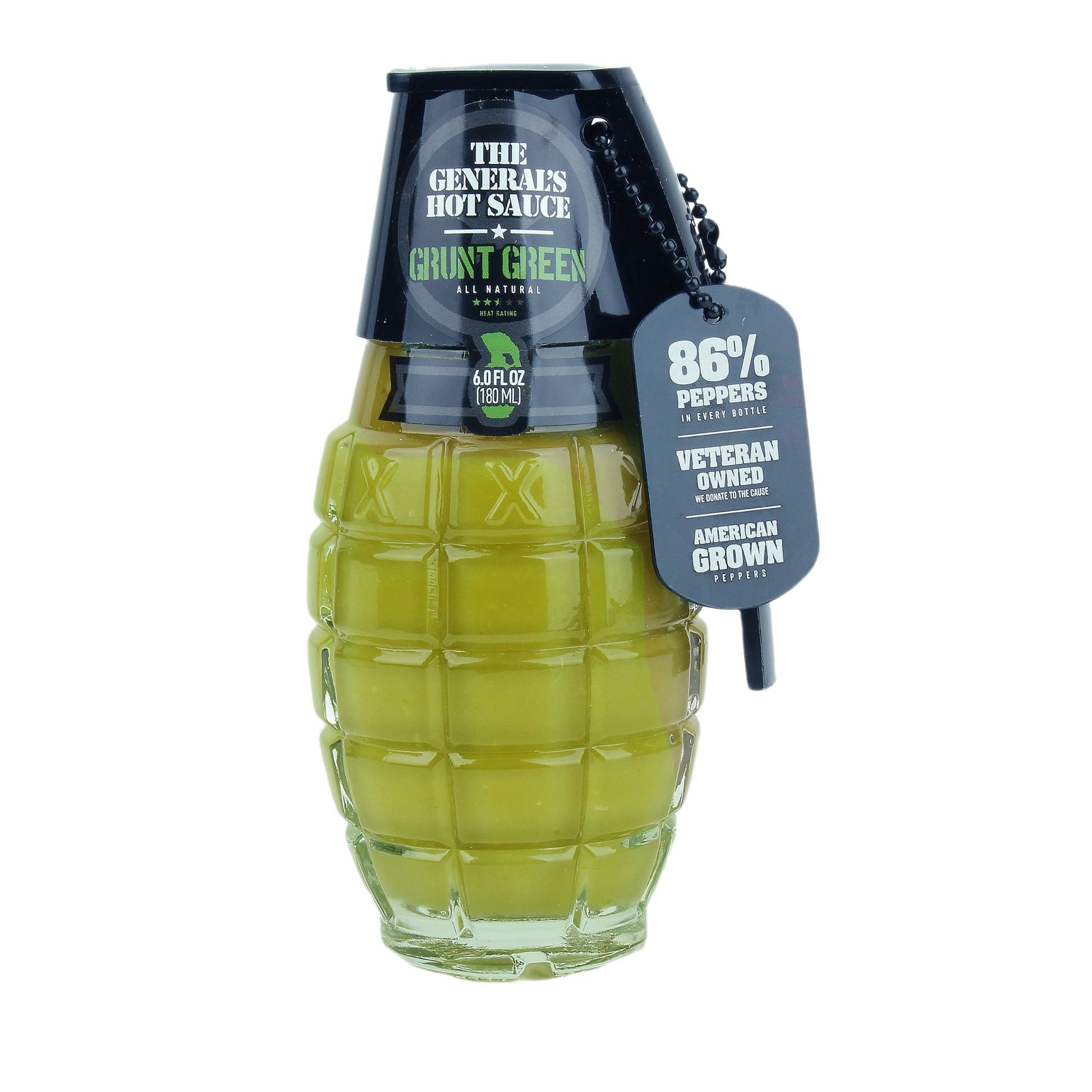 Green cayenne hot sauce in grenade-shaped bottle with black cap and tag, featured in grilling sauces and outdoor living collections