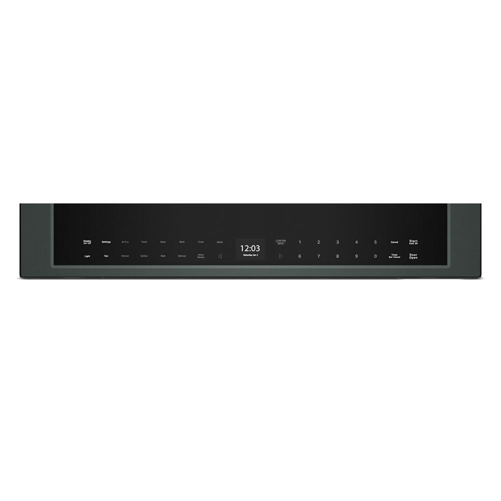 Digital touch control panel with timer display on black multifunction over-the-range microwave from KitchenAid appliances collection