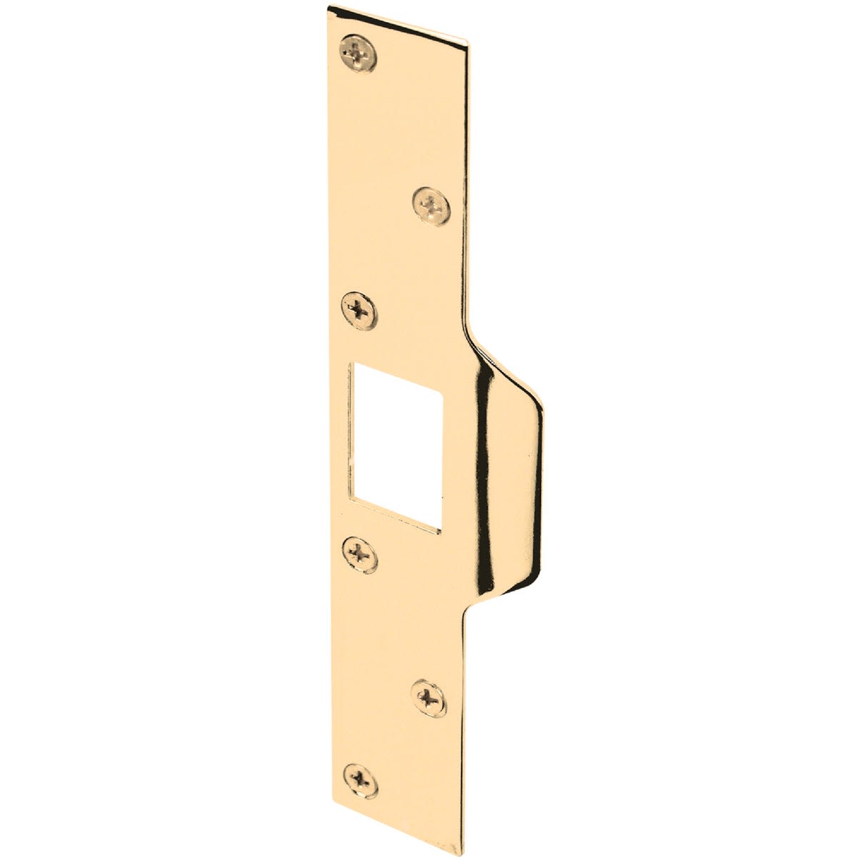 Polished brass security strike plate with six screw holes for door reinforcement in hardware and home improvement tools collection