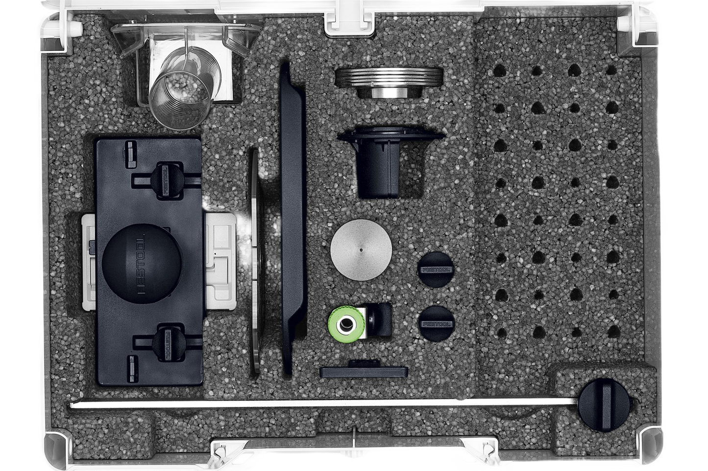 Organizer case with precision router accessories and multiple small components for woodworking tools and home improvement