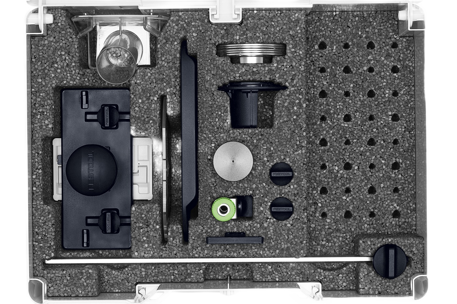 Organizer case with precision router accessories and multiple small components for woodworking tools and home improvement