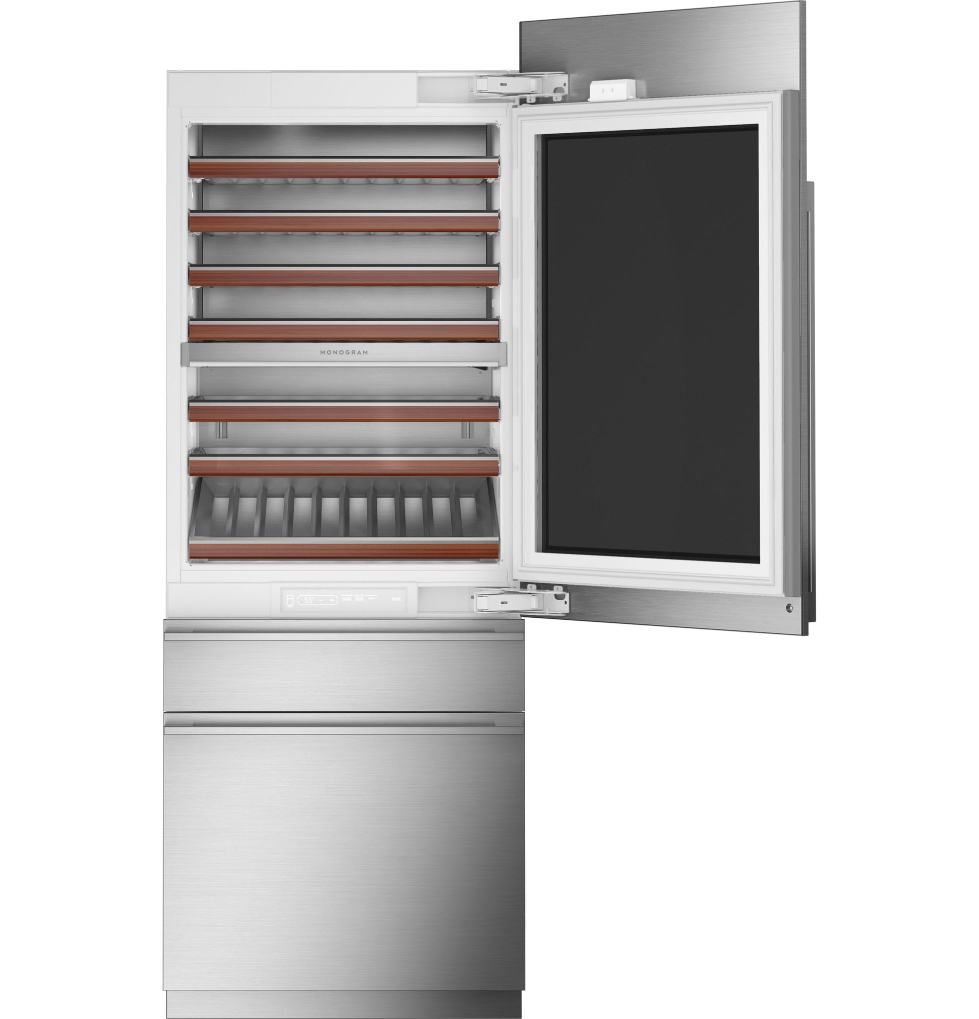 Stainless steel panel-ready wine sommelier with wooden shelves and clear inner door in kitchen and beverage centers collection