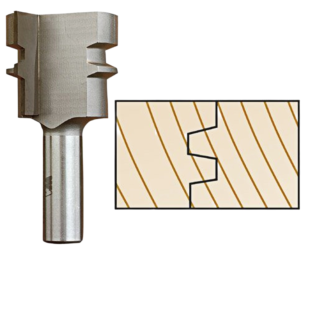 Sharp steel glue joint router bit with sample wood joint for woodworking in tool accessories and power tool collections