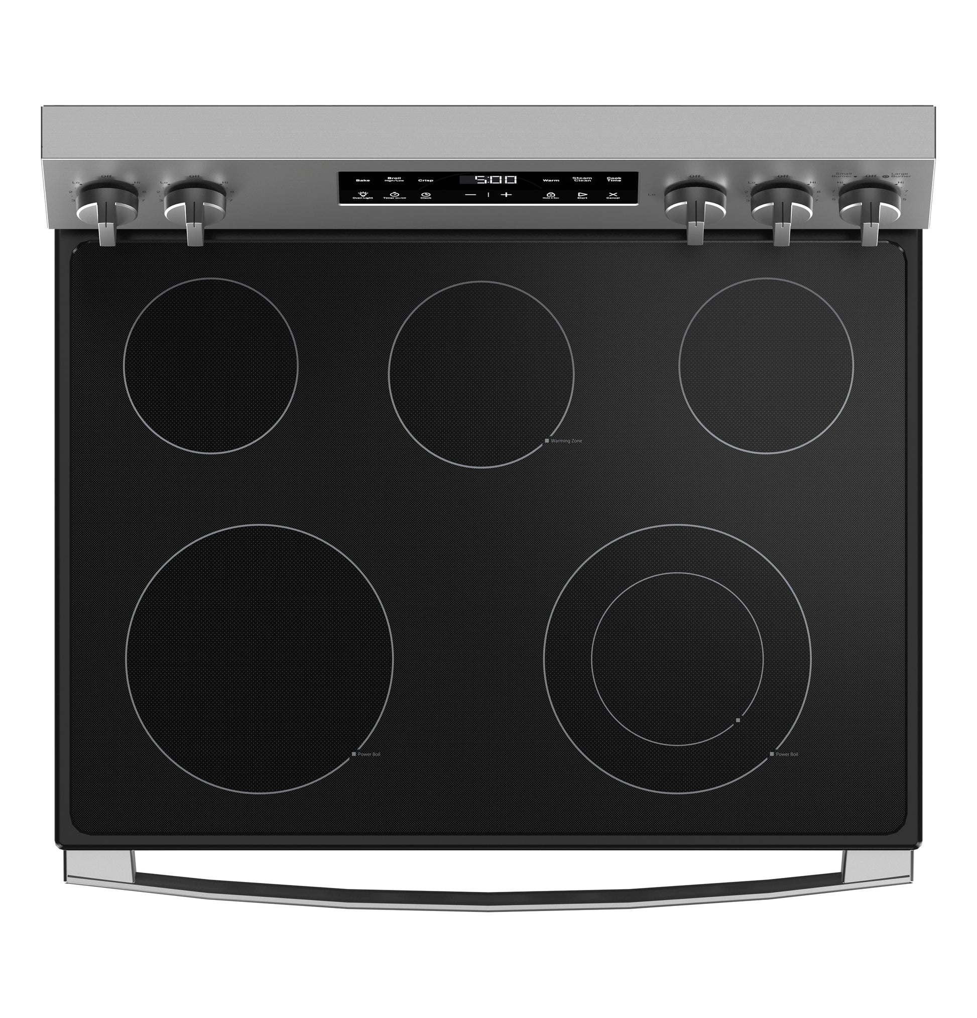 Stainless steel electric range with smooth glass cooktop and five radiant heating elements in kitchen appliances collection