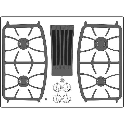 Top view of white gas cooktop with four burners, black downdraft vent, and front control knobs in kitchen appliance setting