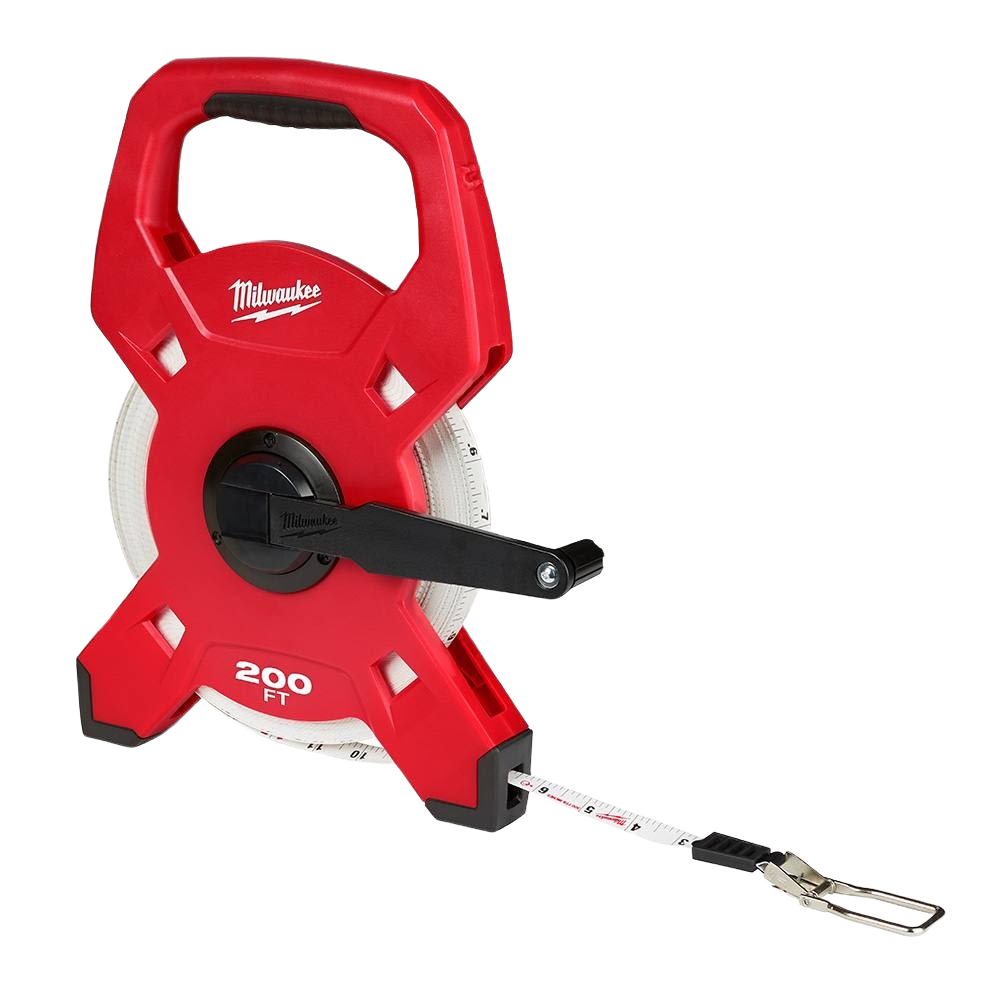 Red fiberglass open reel measuring tape with 200-foot length for woodworking, home improvement, and hand tool use under $50
