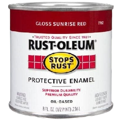 Half-pint can of Rust-Oleum Stops Rust gloss sunrise red protective enamel from Specialty Paint collection under $50