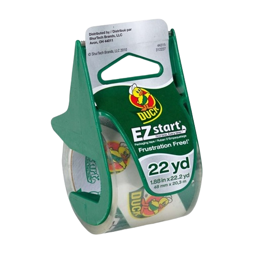 Clear packaging tape with green dispenser and easy-start label for home improvement and packing tasks